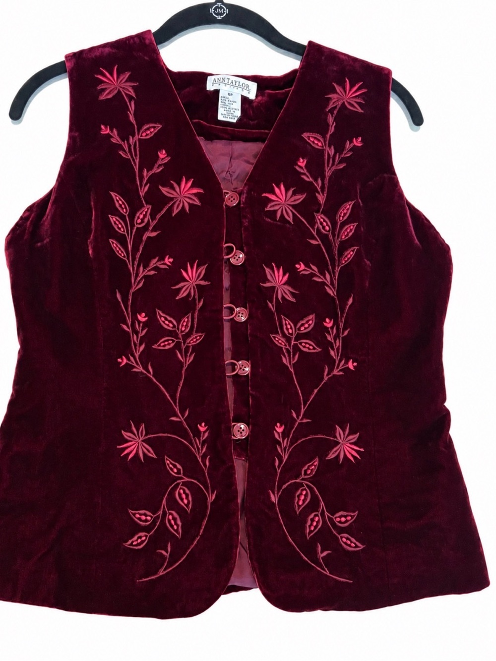 Vintage Ann Taylor Petites Burgundy Velvet Embroidered Vest 6P Silk Blend